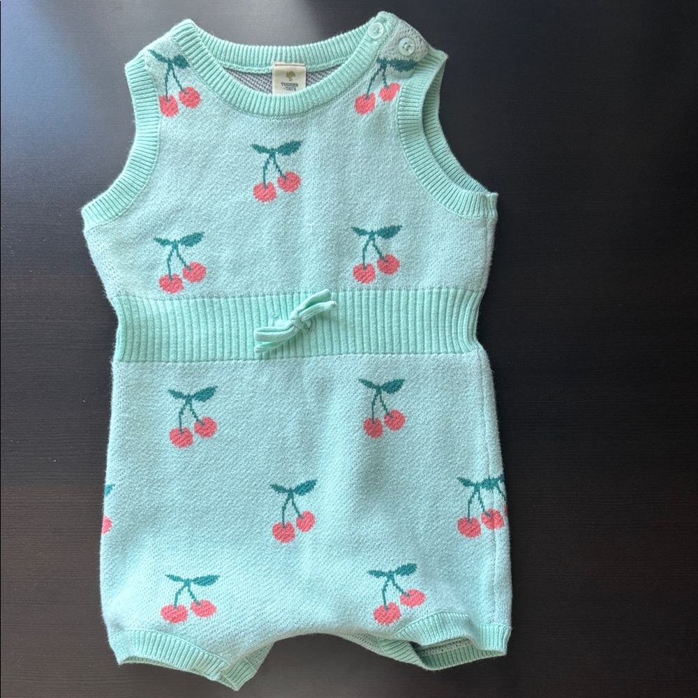 Mint Green Cherry Patterned Baby Romper - 6 months - super soft - with Bow